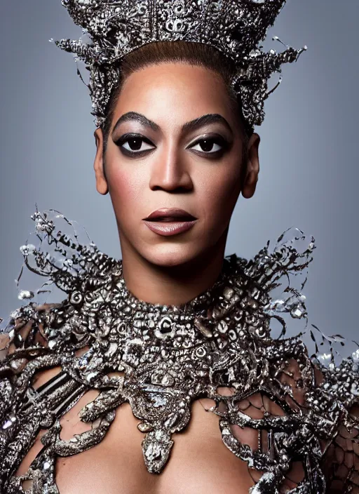 Image similar to photograph of beyonce styled by nick knight posing, intricate headpiece, showstudio, face close up, vogue magazine, 2 0 2 0, canon, highly realistic. high resolution. highly detailed. dramatic. 8 k. 4 k. zeiss lens, canon eos, cinematic lighting, photography, film still