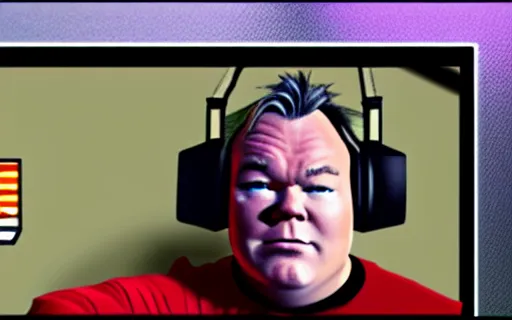 Prompt: Stewart Lee playing Counter Strike, gameplay footage with facecam in the bottom right