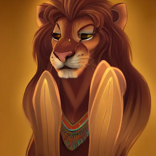 Prompt: portrait character design of an egyptian lion. deviantart adoptable, style of maple story and zootopia, portrait studio lighting by jessica rossier and brian froud in the style of disney, traditional