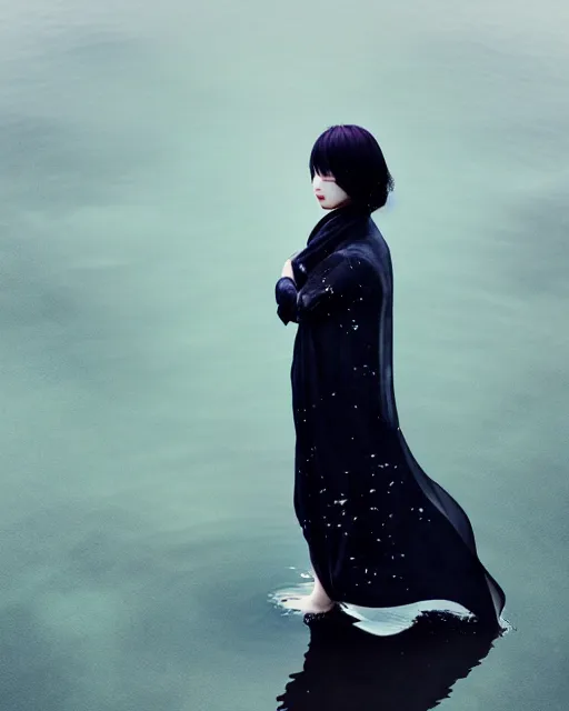 Prompt: medium closeup shot, flash long exposure photography of asian woman fashion posing in the lake, digital illustration by ruan jia, sharp focus, high details