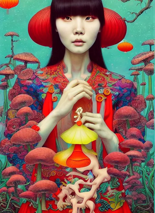 Image similar to pretty chinese model with hallucination mushroom : : by martine johanna and simon stalenhag and chie yoshii and casey weldon and wlop : : ornate, dynamic, particulate, rich colors, intricate, elegant, highly detailed, vogue, harper's bazaar art, fashion magazine, smooth, sharp focus,