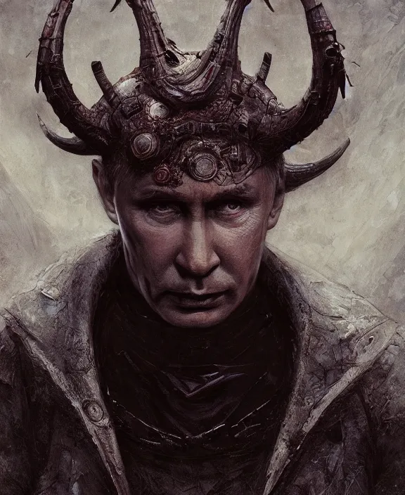 Image similar to portrait of vladmir putin with devil horns by hr giger and beksinski and stephan martiniere, trending on artstation, 4 k resolution, detailed, high quality, hq artwork