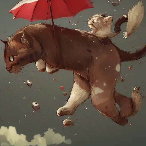 Prompt: giant cats are falling from the sky like rain, bystanders watching from the sides, 4 k, by miyazaki, monokubo, artstation,