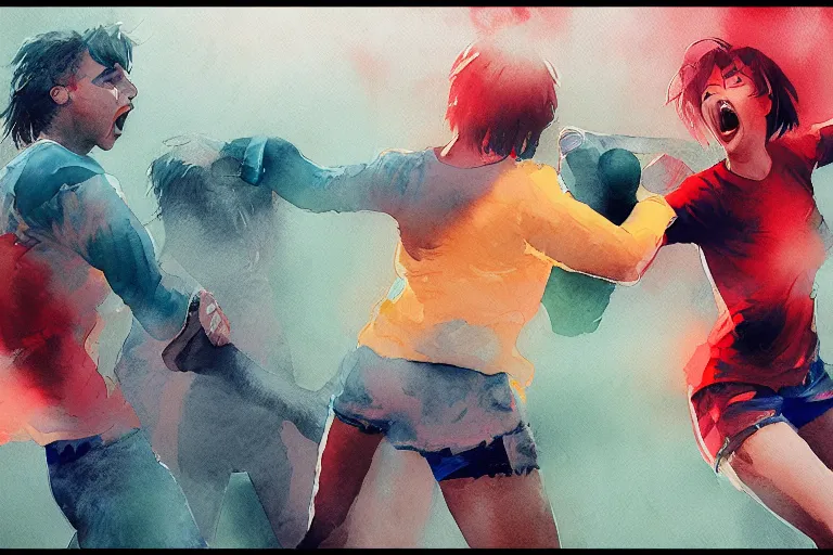 Image similar to screaming match, film photography watercolored misty artstation 8k