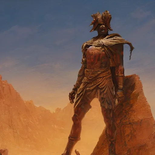 Prompt: Panorama view of a giant stone statue of a warrior emerging from a desert, oil painting, by Greg Rutkowski