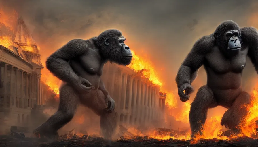 Image similar to giant gorilla destroying washington dc, fire and ashes, debris, collapsed buildings, smoke columns, hell on earth, apocalypse, army, hyperdetailed, artstation, cgsociety, 8 k