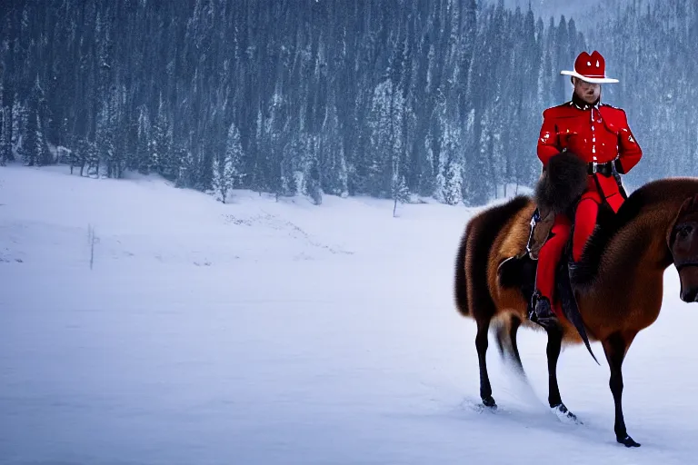 Image similar to A Canadian goose in a mountie outfit riding a horse, National Geographic, photo, cinematic, 8k