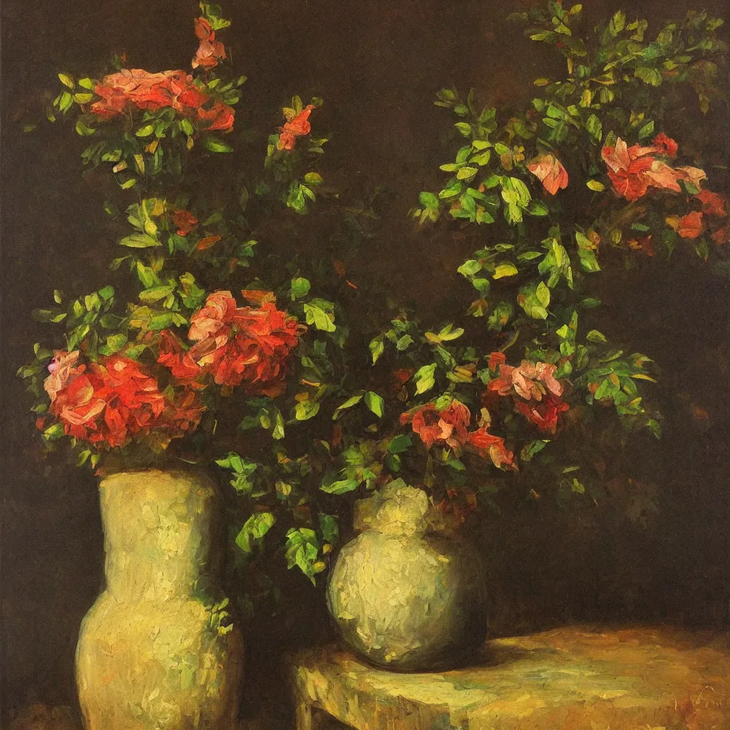 Image similar to beautiful large empty vase in a dark room with light catching on it’s shiny polished surface, no flowers,painted in the style of the old masters, painterly, thick heavy impasto, expressive impressionist style, painted with a palette knife