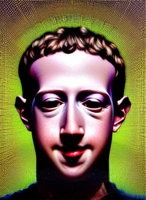 Image similar to hyper detailed 3d render like an Oil painting - Portrait of Mark Zuckerberg hooked up to a mainframe by Jacek Yerka, Mariusz Lewandowski, Houdini algorithmic generative render, Abstract brush strokes, Masterpiece, Edward Hopper and James Gilleard, Zdzislaw Beksinski, Mark Ryden, Wolfgang Lettl, hints of Yayoi Kasuma, octane render, 8k