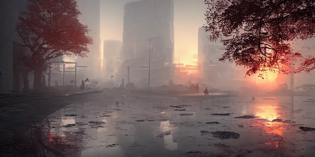 Image similar to soviet brutalims japan city view by eddie mendoza and greg rutkowsi, orange glow, puddles of water, sunset, trees, foggy, dark, moody, volumetric lighting, dirty