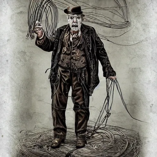 Prompt: Old wrinkled man being surprised in steampunk outfit, attached to wires. Dark, intricate, highly detailed, smooth, in style of Stanislav Vovchuk