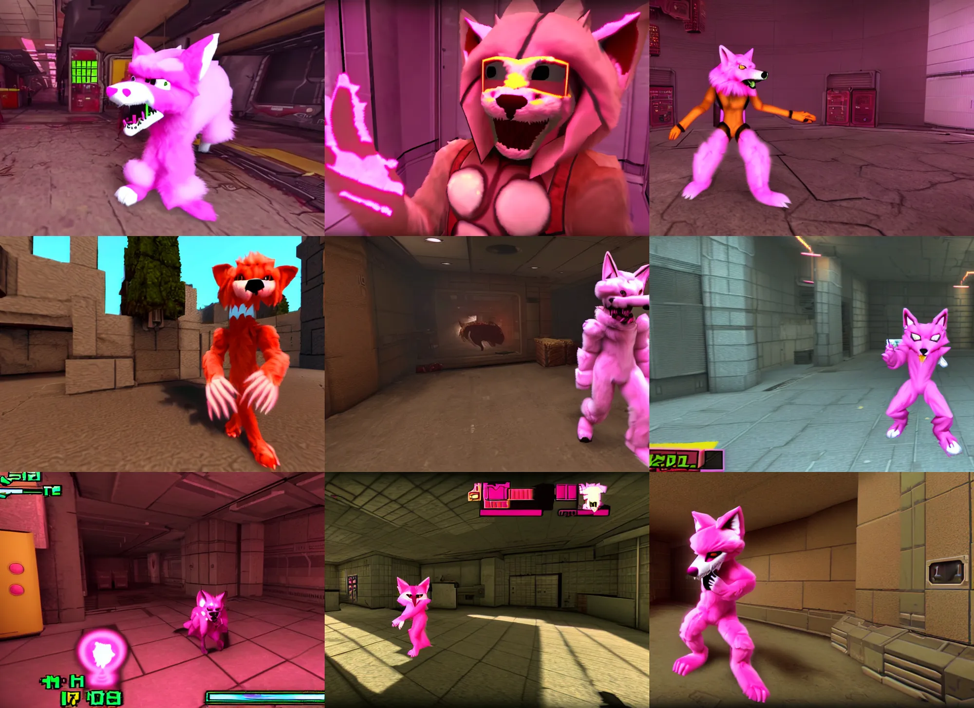 Prompt: pink fox furry fursuit in a screenshot of the video game doom, the furry fursuit is running