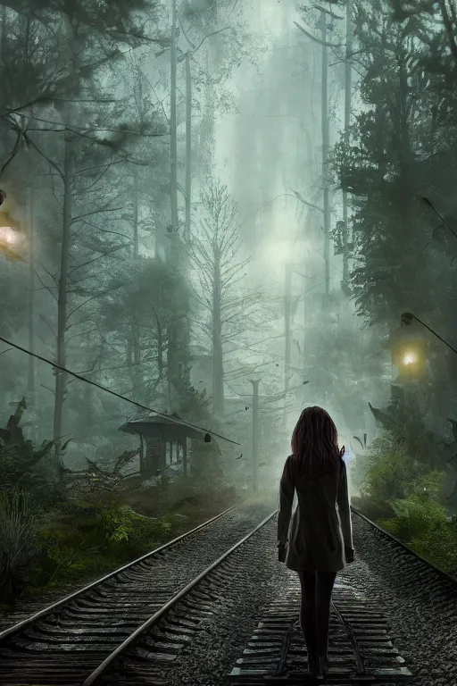 Prompt: Girl standing on the left at the old train station looking forward to the train, old train heading to station with lights on, dense creepy forest with a lot of detail, the tracks covered with vegetation, highly detailed, matte painting, 4k, 8k resolution, trending on artstation, octane render, unreal engine, cinematic