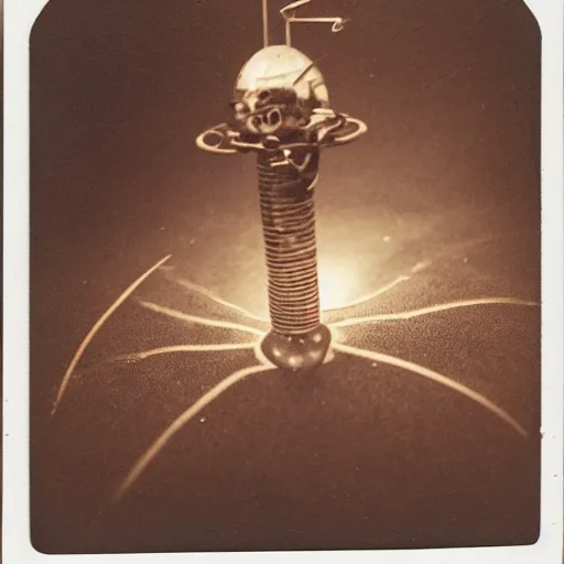Image similar to old polaroid depicting a small intricate metallic alien probe, on a clearing