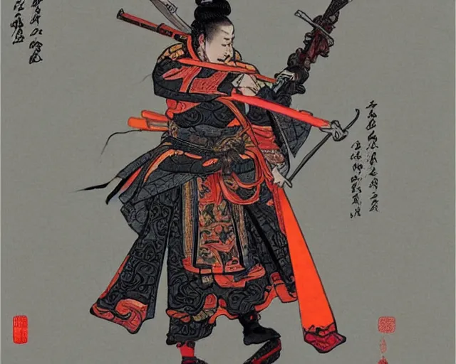 Image similar to an ancient chinese general holding a long weapon ， colourful colour schemean ancient chinese general, by katsushika hokusai, pete mohrbacher, yoji shinkawa + gothic illustration + trending on artstation + intricate details - h 1 0 2 4