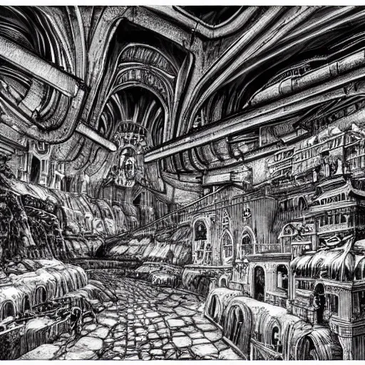 Image similar to stunning concept art for an underground city by kentaro miura, hyper-detailed, professional illustration