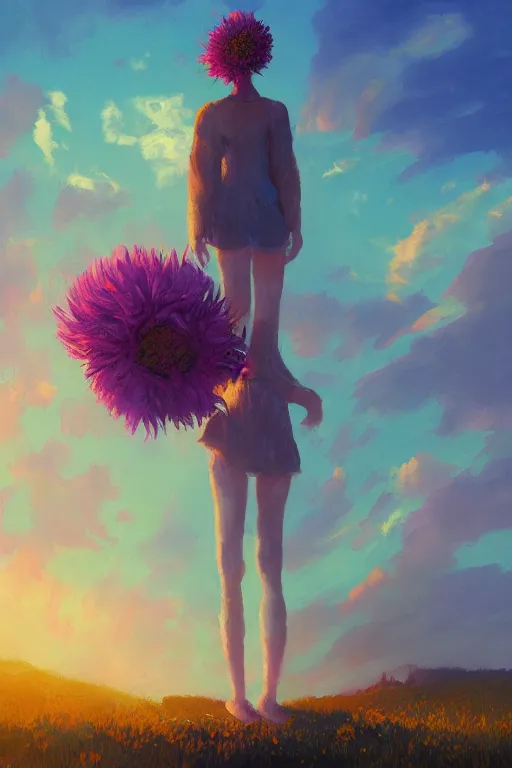 Image similar to closeup, giant flower head, girl standing on cliff, surreal photography, sunrise, blue sky, dramatic light, impressionist painting, digital painting, artstation, simon stalenhag