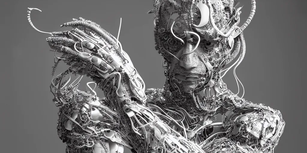 Image similar to hyper realistic photography of a stunningly beautiful cyborg male, plated arm, intimate, chest, holding close, ribbons, in the style of beth cavener, jin kagetsu,, and wlop, highly detailed, intricate filigree, symmetry, masterpiece, award winning, sharp focus, concept art, highkey lighting, ambient lighting, octane render, 8 k, artstation