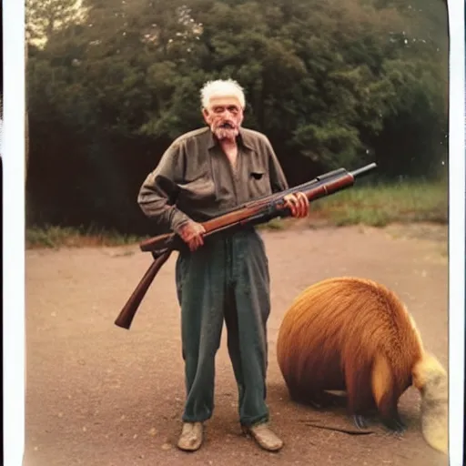 Image similar to old! polaroid photo of an old man! holding a rifle and standing on top of a giant capybara! sleeping