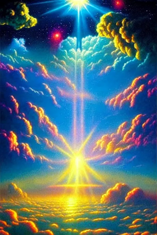 Prompt: a photorealistic detailed cinematic image of a beautiful vibrant iridescent future for human evolution, spiritual science, divinity, utopian, cumulus clouds, magical light prismatic beings, multidimensional, deep view, by david a. hardy, kinkade, lisa frank, wpa, public works mural, socialist