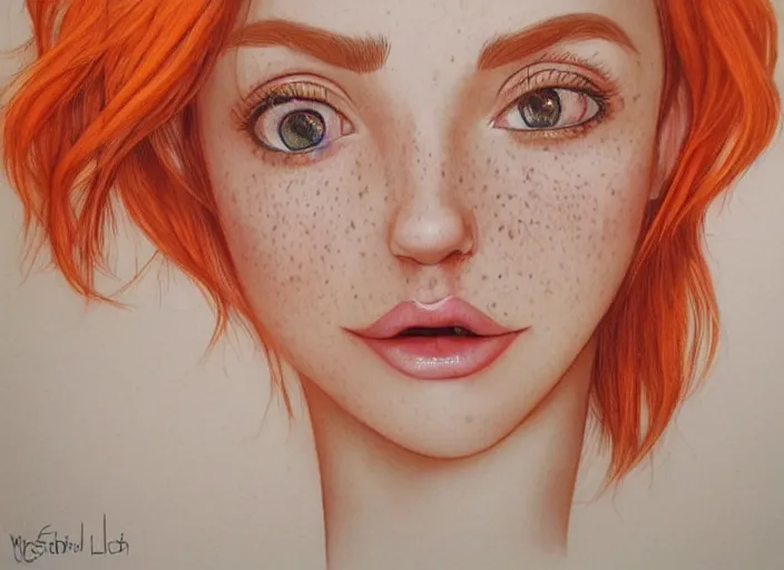 Image similar to portrait Girl with orange hair and freckles, cute-fine-face, pretty face, realistic shaded Perfect face, fine details. realistic shaded lighting by Loish