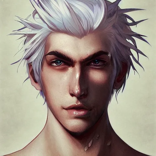 Prompt: generic emotionally distant white - haired anime boy with questionable morals and even more questionable taste in tattoos, highly detailed, sharp focus, artstation, digital painting, by artgerm and greg rutkowski and alphonse mucha