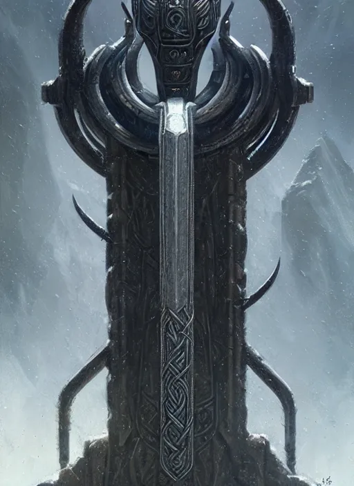 Image similar to masterpiece, viking thor's hammer concept art, stylized, doom, elegant, majestic, epic, art by h. r. giger, greg rutkowski, josan gonzalez, alexey egorov, biomechanical, alchemy, monogram