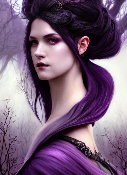 Image similar to award winning book cover, side portrait dark witch, adventurer outfit large cloak, fantasy forest landscape, dragon scales, fantasy magic, undercut hairstyle, short purple black fade hair, dark light night, intricate, elegant, sharp focus, illustration, highly detailed, digital painting, concept art, matte, art by WLOP and Artgerm and Greg Rutkowski and Alphonse Mucha, masterpiece