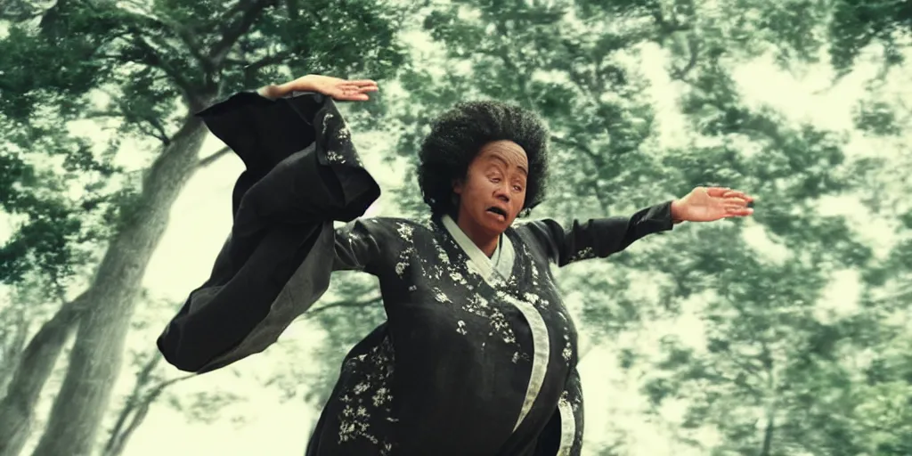 Image similar to a film still of an old black woman starring in a japanese blockbuster film as ancient sensei, levitating mid air, intense, shallow depth of field, cinematic, award winning cgi, vfx, film still