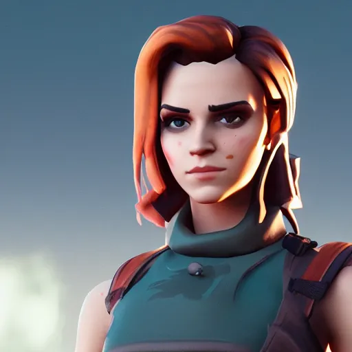 Prompt: textured film grain subsurface scattering fashion model face squinting emma watson as a fortnite character cgsociety octane render unreal engine redshift render trending on artstation trending on artstation render blender behance cg superhero