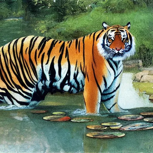 Image similar to a tiger drinks water from a pond by abbey edwin austin