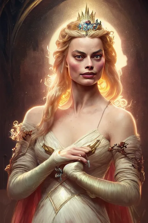 Prompt: Margot Robbie as a princess, fantasy, intricate, elegant, highly detailed, digital painting, artstation, concept art, matte, sharp focus, illustration, art by Artgerm and Greg Rutkowski and Alphonse Mucha