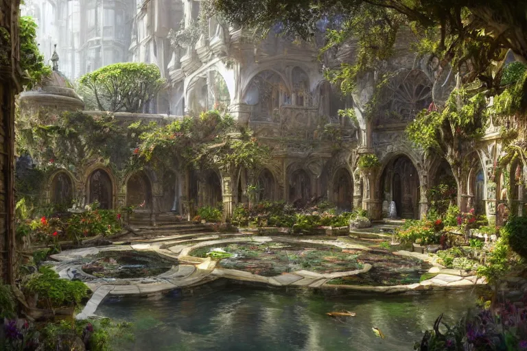 Image similar to extreme low angle shot of an open courtyard in a beautiful elven city made of ivory and silver, intricate, vivid colors, lush trees, flowers, ponds, fountain, subsurface scattering, volumetric lighting, concept art, fantasy digital painting by James Gurney, by Greg Rutkowski, trending on Artstation, highly detailed, 8k