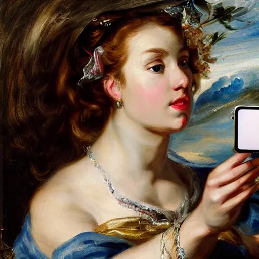 Image similar to heavenly summer sharp land sphere scallop well dressed lady taking a selfie with her iphone auslese, by peter paul rubens and eugene delacroix and karol bak, hyperrealism, digital illustration, fauvist, iphone