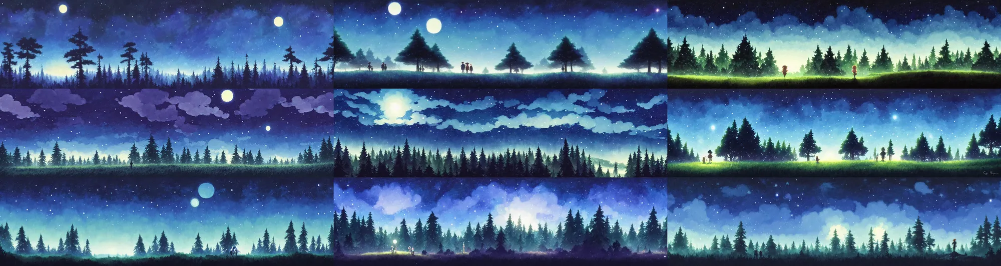 Prompt: a wholesome animation key shot of a deep forest sky nigh sky with stars and galaxy and moon backlighting panorama, studio ghibli, pixar and disney animation, sharp, rendered in gouache painting, anime gouache key art by greg rutkowski, bloom, dramatic, dynamic lighting