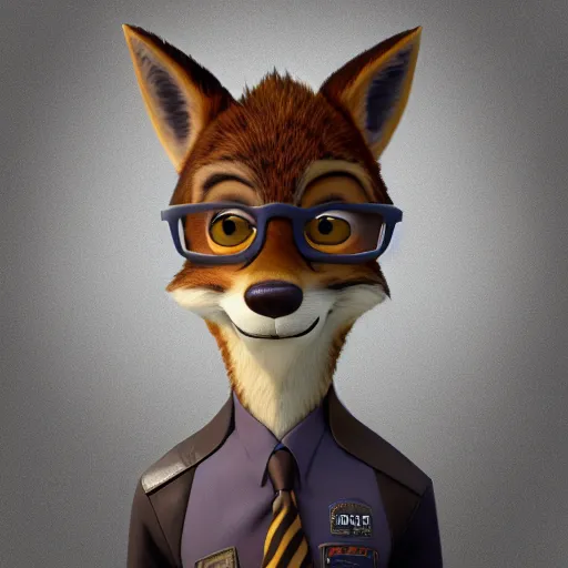 Image similar to portrait, 3 d render, anthropomorphic coyote male, wearing along brown leather jacket, in the style of zootopia, centered on face