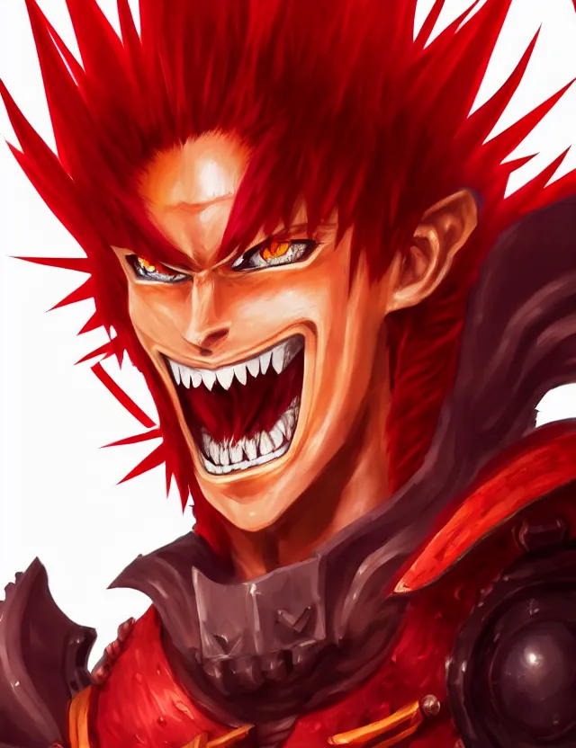 Image similar to a detailed manga portrait of a menacing tall boy with spiked crimson hair and an evil grin in fiery crimson crystalline armour, trending on artstation, digital art, 4 k resolution, detailed, high quality, sharp focus, hq artwork, coherent, insane detail, character portrait