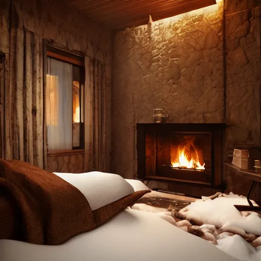 Image similar to cozy little hotel in the snowy mountains, octane render, hyperrealistic, details, cryengine, artstation trending, by greg rutkowsky