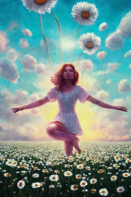 Image similar to giant white daisy flower as head, legs girl dancing in a flower field, surreal photography, sunrise, dramatic light, impressionist painting, colorful clouds, digital painting, artstation, simon stalenhag