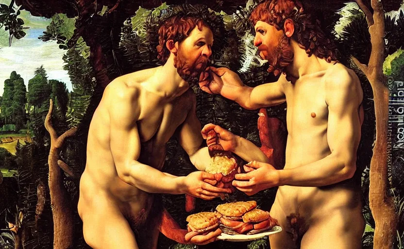 Prompt: adam and eve eating a big mac in the garden of eden by caravaggio, highly detailed, intricate details, oil painting, deep impasto