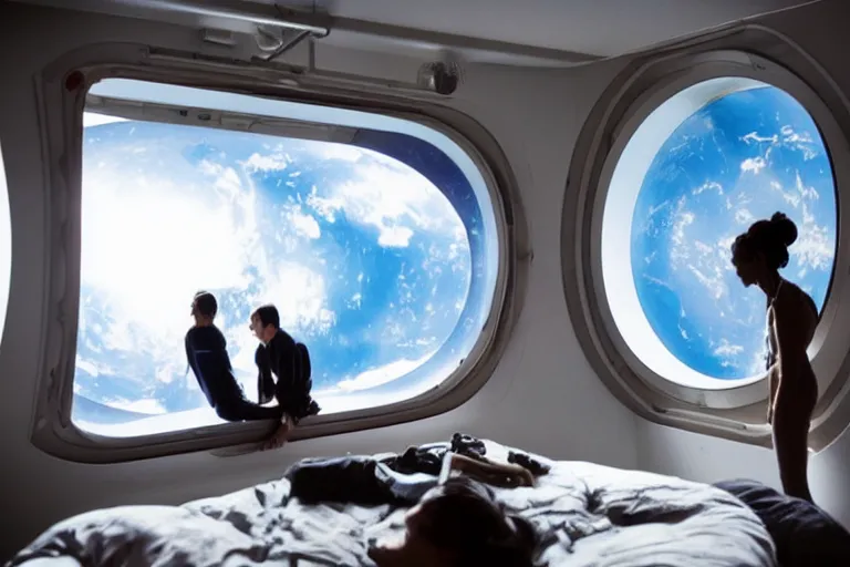 Image similar to sci-fi scene of space tourists in glamourous spaceship bedroom looking out large circular window at earth orbit By Emmanuel Lubezki