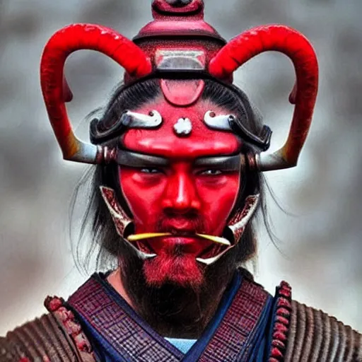 Prompt: samurai wearing a helmet with red horns of a ram, super realistic, psychedilic colours