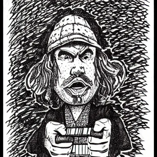 Prompt: a funny looking stoned rock 'n' roll guy detailed illustration, intricate crosshatch sketch drawing by Robert Crumb