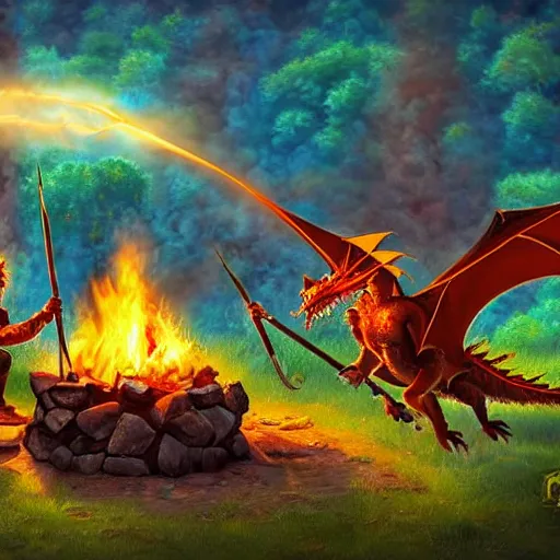 Image similar to dragons roasting kebabs near campfire, fire, magic, power metal album cover, fantasy epic legends game icon stylized digital illustration radiating a glowing aura global illumination ray tracing hdr fanart arstation by ian pesty and katarzyna da „ bek - chmiel