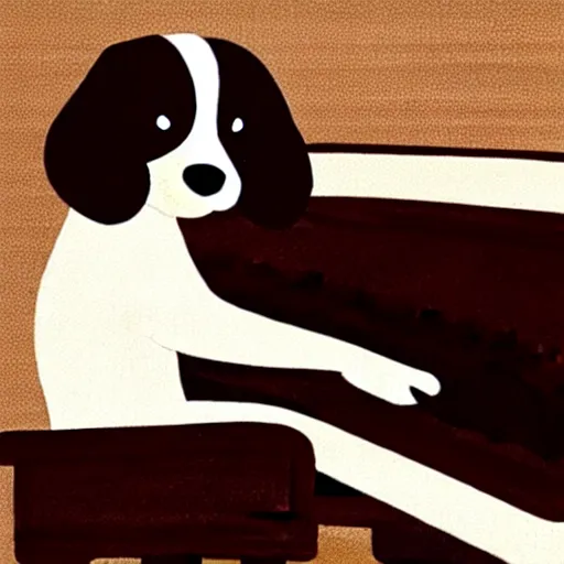 Image similar to a cute brown and white spaniel playing a grand piano, illustration, hand draw