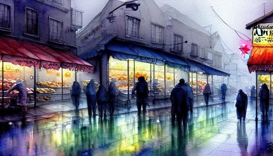 Prompt: watercolor painting of a butcher shop, raining, busy street, romantisism, outrun, pastel colors, painting, moody, detailed, by android jones