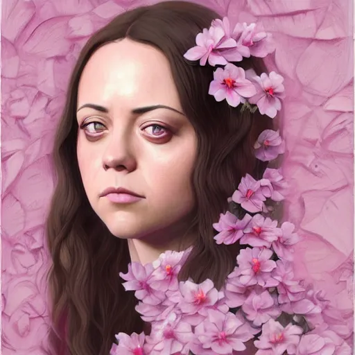 Image similar to pink petals with a a bored aubrey plaza and christina ricci mixed with mona lisa, intricate, elegant, highly detailed, wonderful eyes, sweet, digital painting, artstation, concept art, smooth, sharp focus, illustration, art by artgerm and greg rutkowski and concept art, rectilinear vaporwave