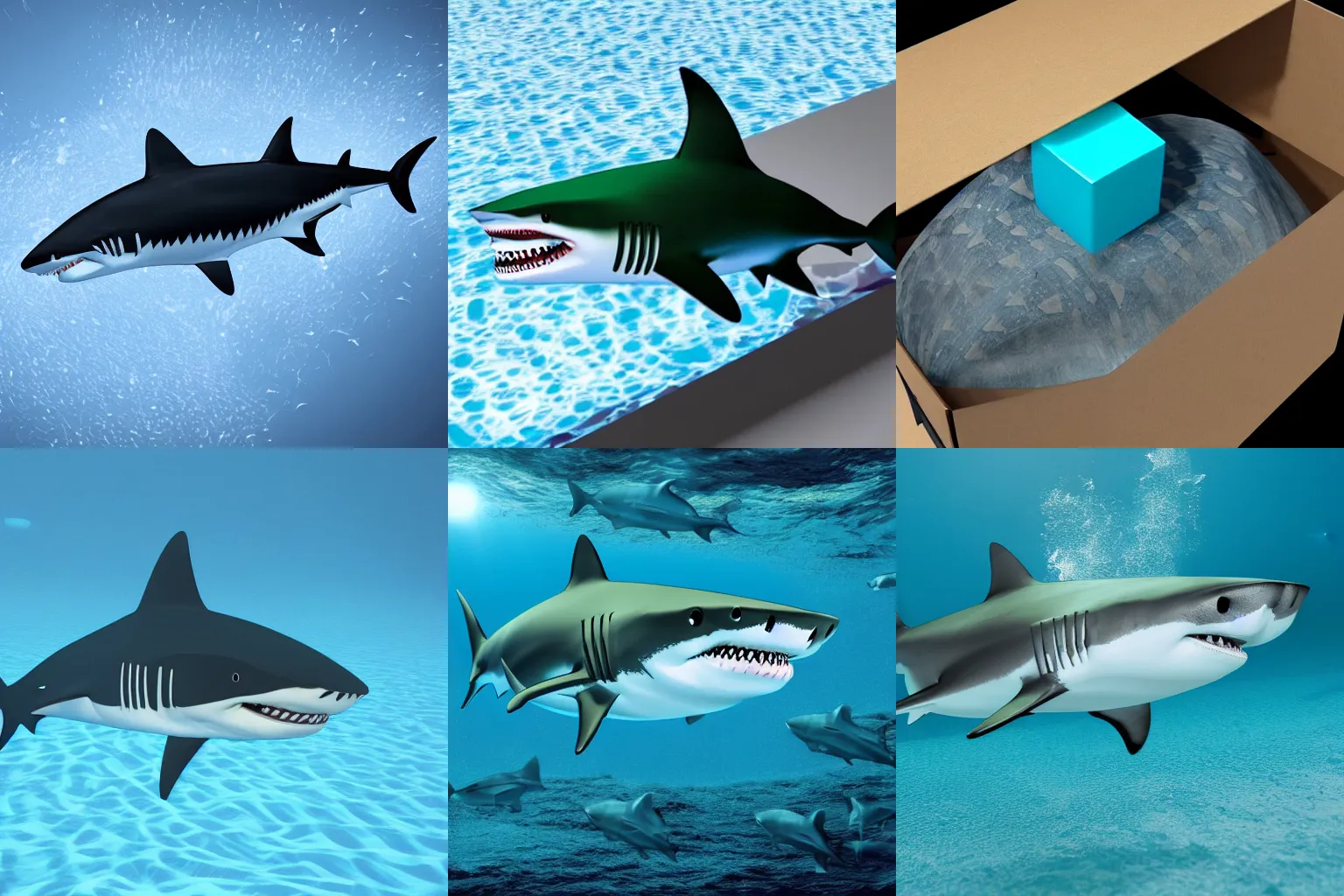Prompt: Shark with a black box attached to top of its head, the box emits a single blue-green laser 3D, realistic