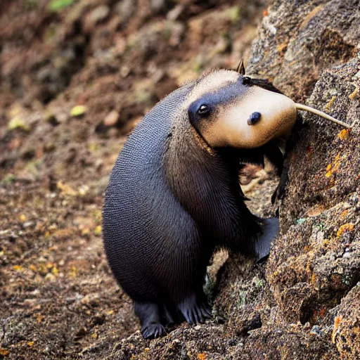 Image similar to anteater eating ants at the top of mountain, triunphantly, photograph