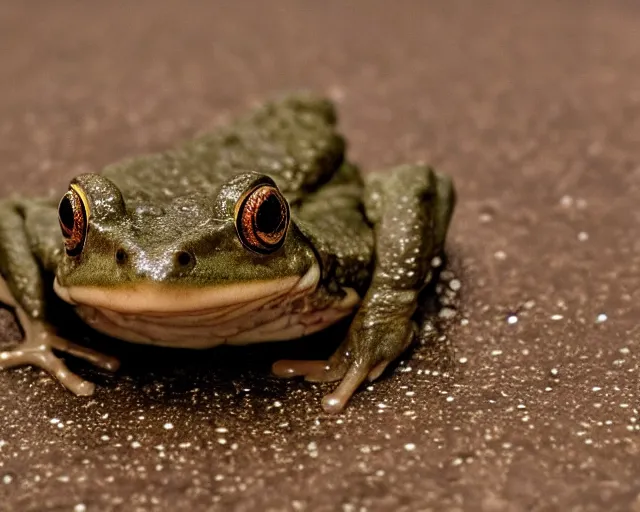 Prompt: Close up of a Budgett's frog smiling and looking at the camera in a still from the movie Blade Runner (1982), high quality, rain, rain drops, cold lighting, 4k, night, award wining photo